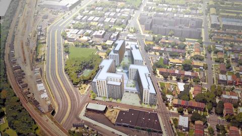 Aerial view of Ebenezer Plaza in Brownsville