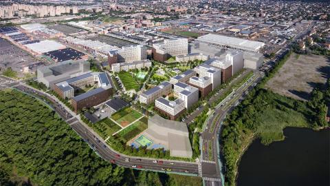 Rendering of the Alafia campus along Fountain Avenue and Betts Creek in East New York, Brooklyn